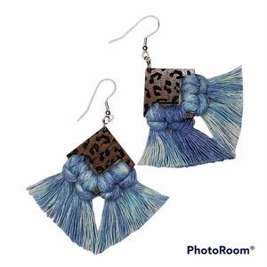 Ivy Mountain Crafter Cheetah Handmade Macrame Earrings - Tie Dye Blue
